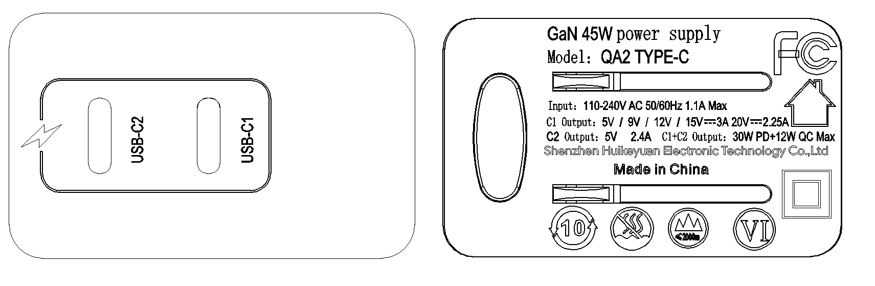 Tragbares Smart GaN 45W USB Typ-C PD3.0 mit 2 Ports Ladegerät 